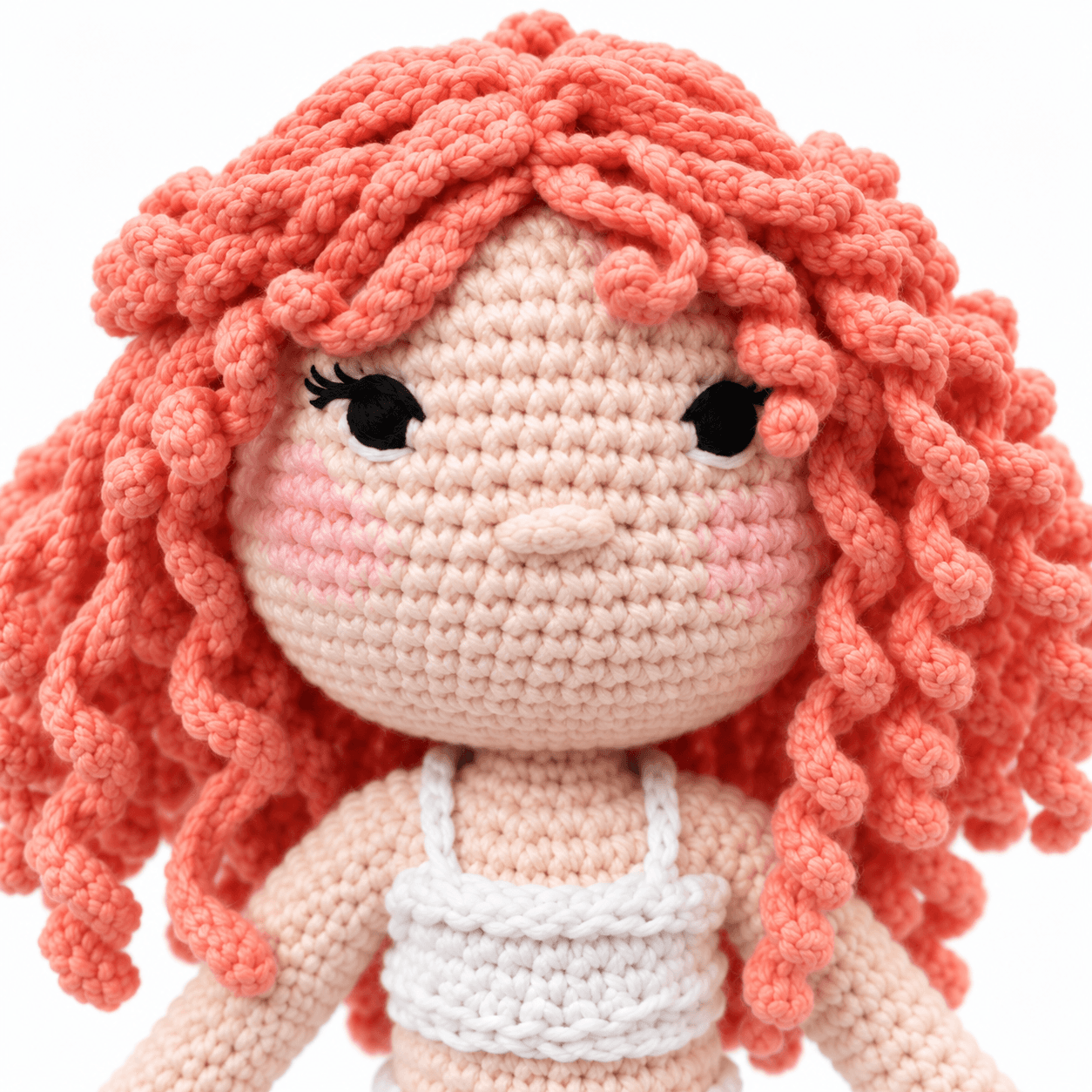 Close-up of Ghita's face, showing her dark stitched eyes and lashes, blushed cheeks and tightly curled coral hair.