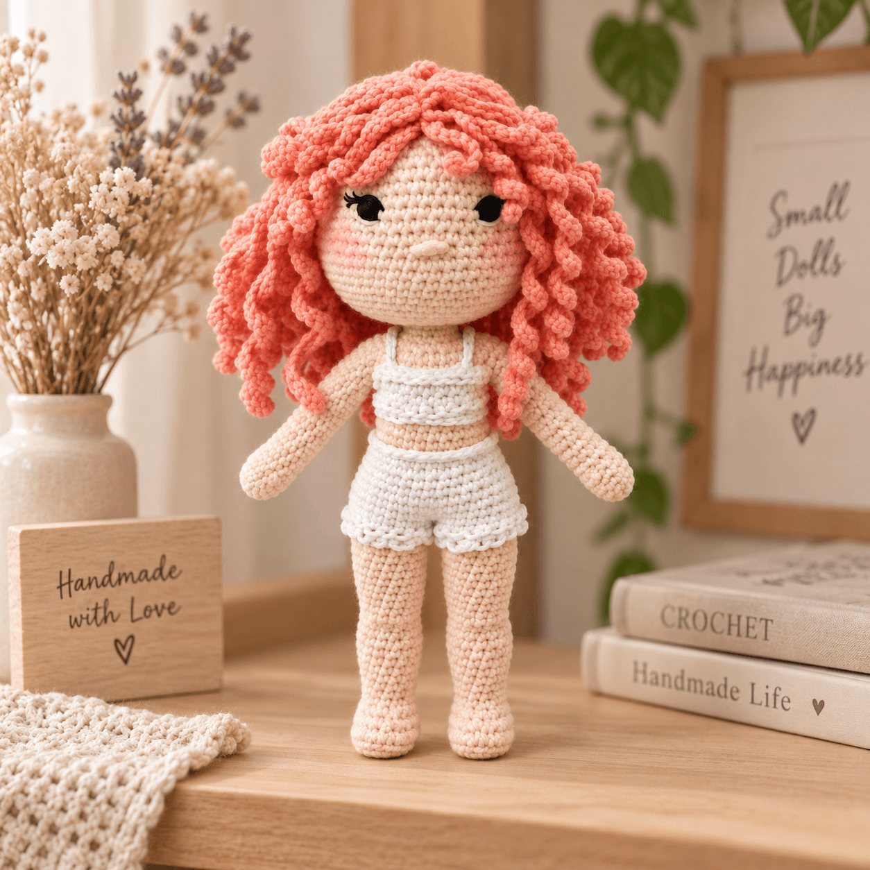 Ghita standing on a wooden shelf beside dried flowers, crochet books and a blanket.